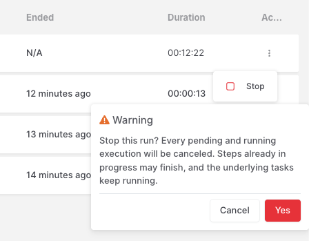 Runs: Stop Run confirmation on list